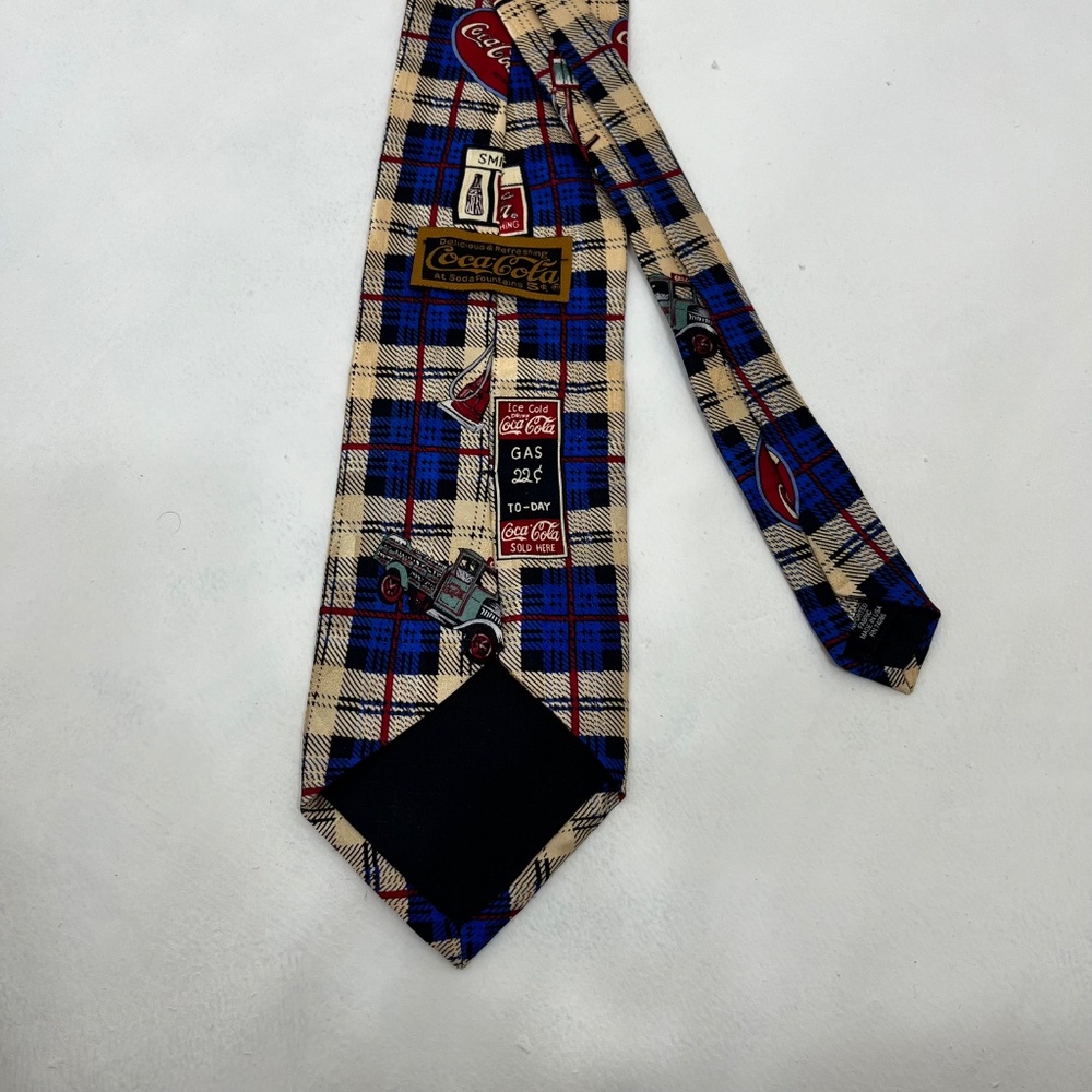 Vintage Coca-Cola Silk Tie Beige Blue Plaid 56.5" x 3.75" Stylish Classic - Picture 8 of 8